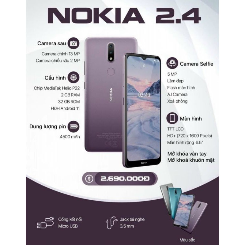 Điện Thoại Nokia 2.4 (2GB/32GB) - Hàng Chính Hãng - Pin 4500 mAh
