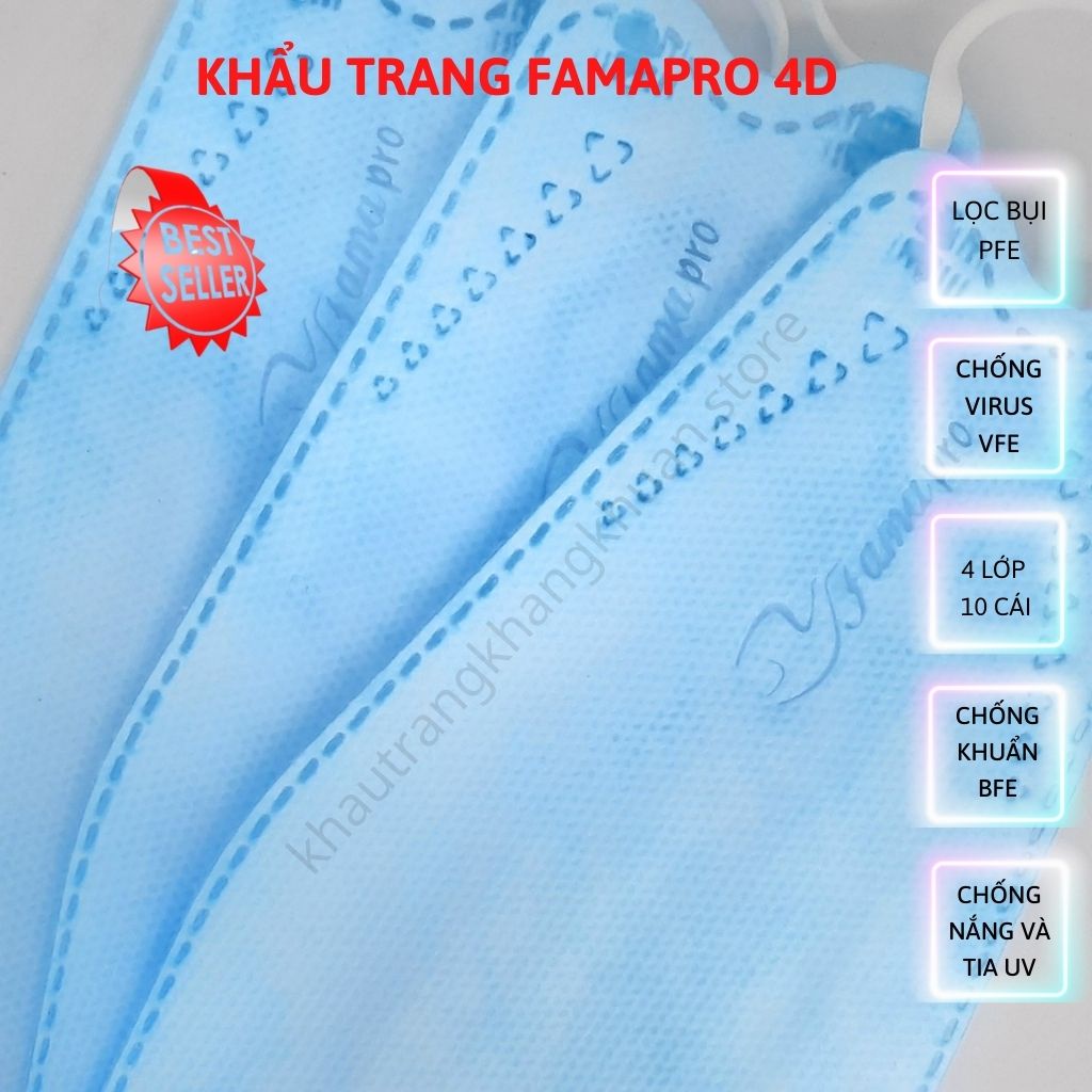 Khẩu trang FAMAPRO, Khẩu trang 4D, dạng túi [HÀNG TẬN XƯỞNG], kháng khuẩn &gt;98%, chống UV, bụi siêu mịn, [10 cái]