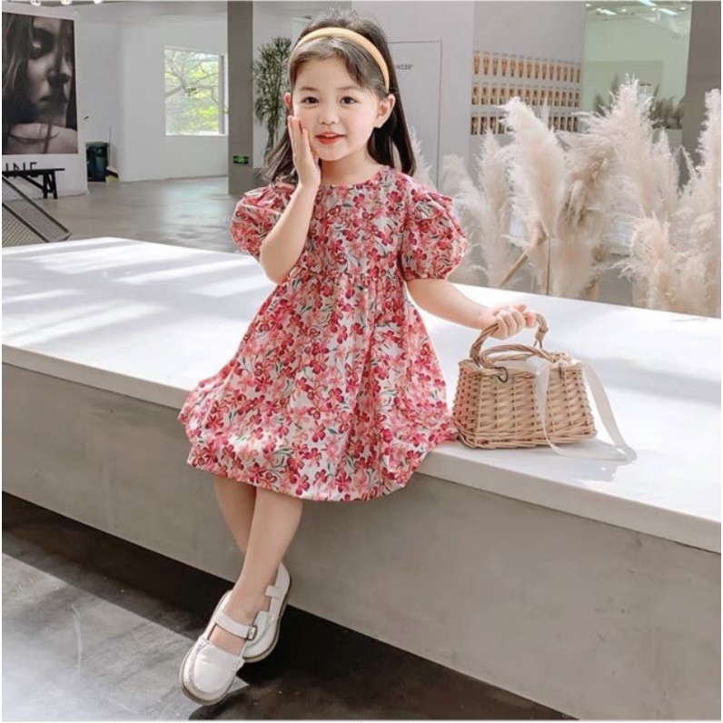 Đầm babydoll xoè bé gái GAP KIDS xuất xịn lụa kate cổ tròn tay ngắn phồng lá hoa hồng