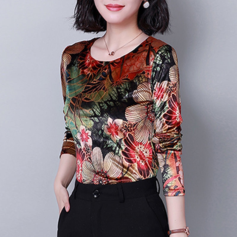 Áo thun dài tay ôm dáng họa tiết phong cách mùa thu dành cho nữ 40-50 tuổi