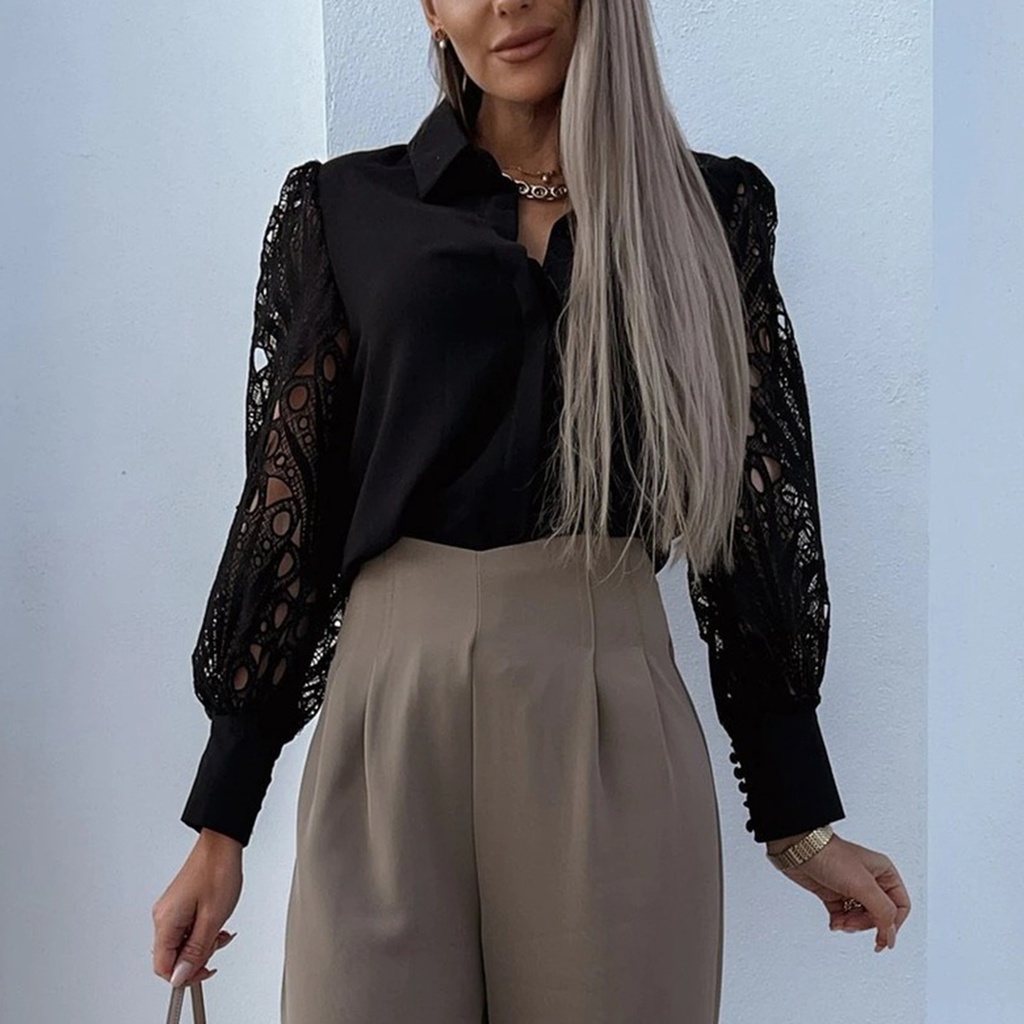 {Soltweter} Áo Sơ Mi Công Sở Ôm Dáng Phối Ren Một Hàng Nút Màu Trơn Mùa Xuân Hè Cho Nữ