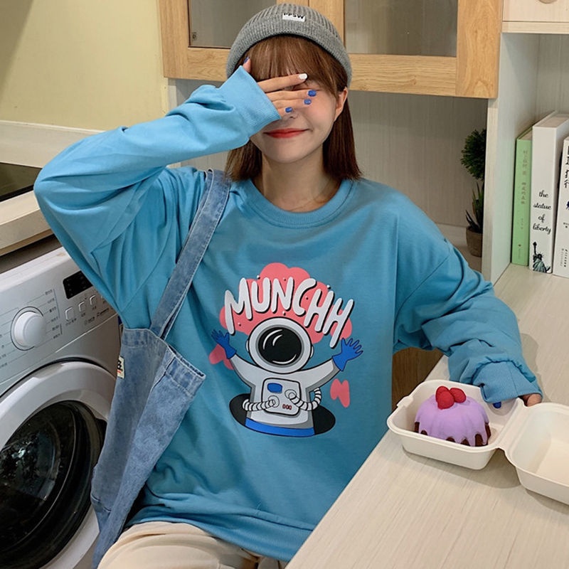 ZHELIHANGFEI Áo Thun Sweater Dáng Rộng In Hình Phi Hành Gia Dễ Phối Đồ