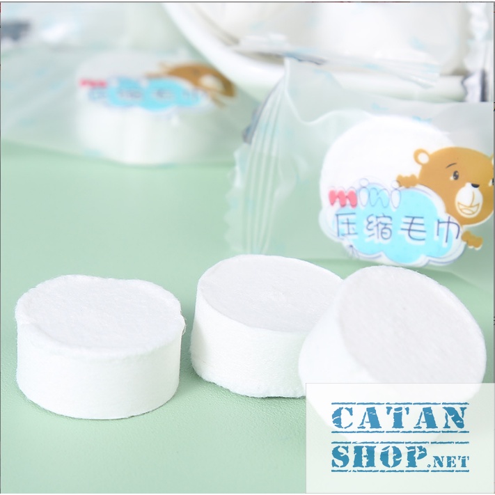 Túi 50 khăn giấy nén du lịch hình gấu bằng cotton, dạng viên kẹo dùng 1 lần GD593-KNenGau-50