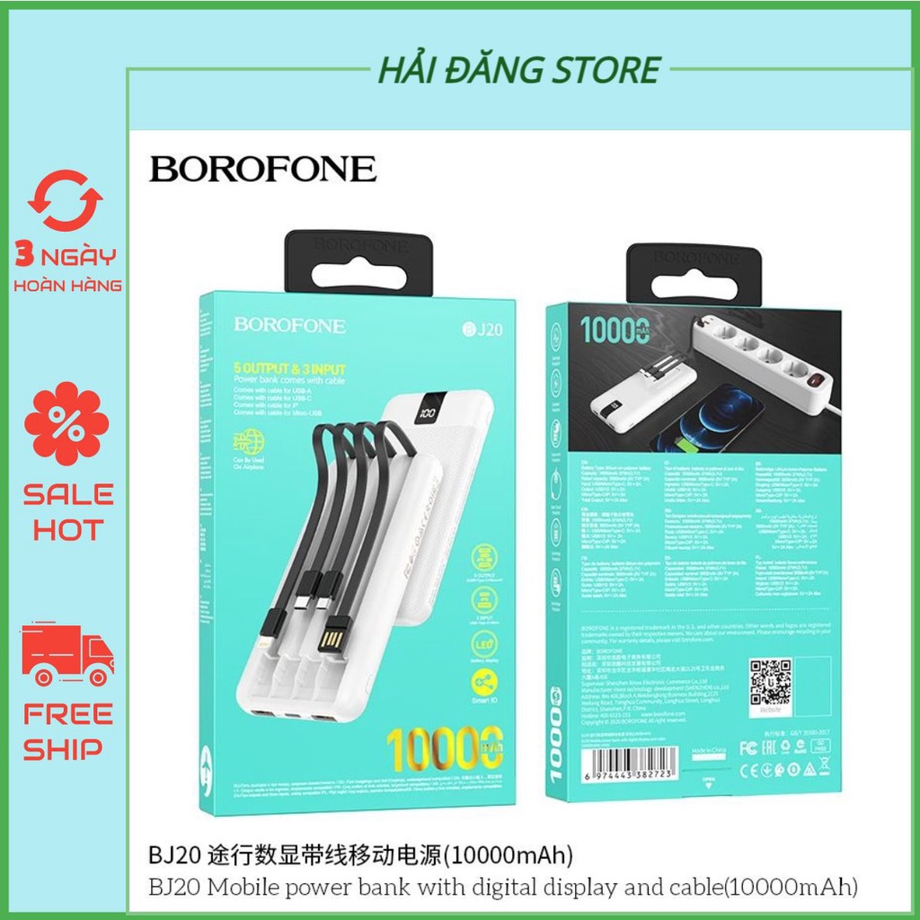 SẠC DỰ PHÒNG Borofone BJ20 10.000mAh kèm cáp sạc 3 cổng Micro/Typec/táo - Chính hãng bảo hành 12 tháng