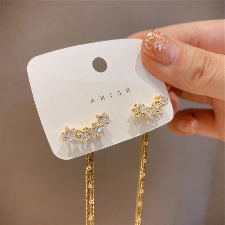 Bông Tai Mạ Bạc 925 Dáng Dài Hình Ngôi Sao Phối Tua Rua Sang Trọng Phong Cách Hàn Quốc