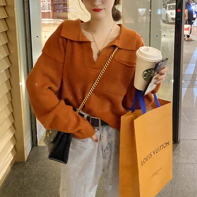 Áo sweater IELGY dáng rộng tròng đầu cổ lật chữ V tay dài thời trang Hàn Quốc