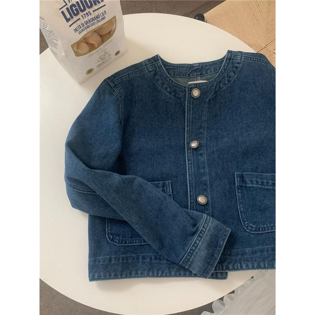Áo Khoác Denim Tay Dài Cổ Tròn Phong Cách Retro Đơn Giản 60932