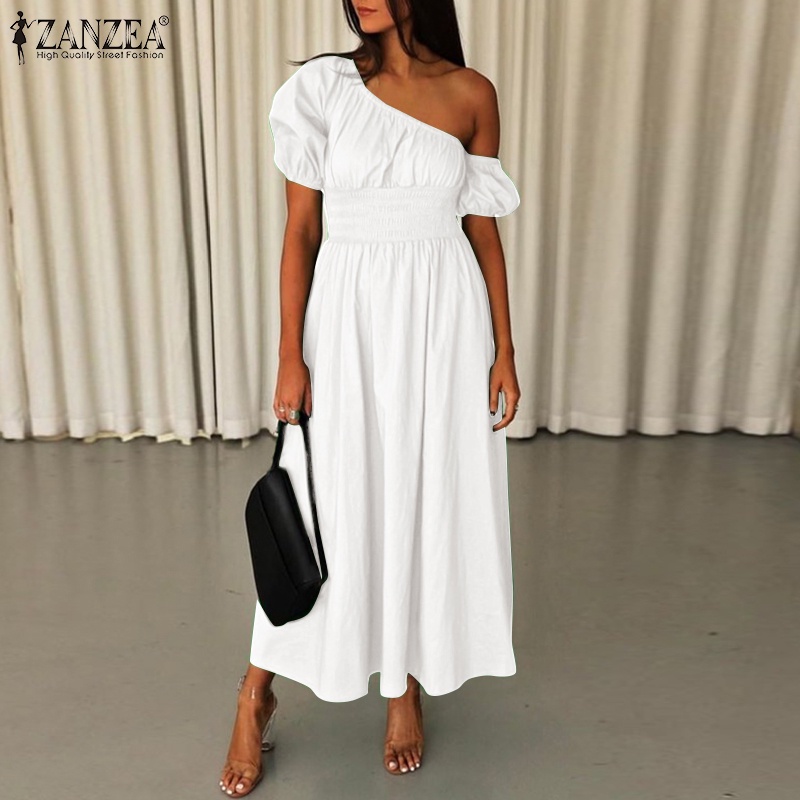 Đầm ZANZEA dáng chữ A hở vai tay ngắn eo cao đàn hồi phong cách Châu Âu thời trang dành cho nữ