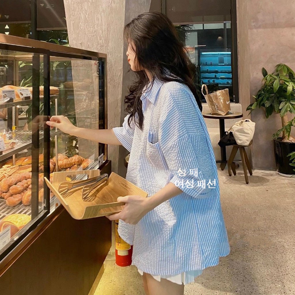 Áo sơ mi Hàn Quốc nữ dáng rộng tay lỡ chất sốp có kẻ sọc nhiều màu Vati