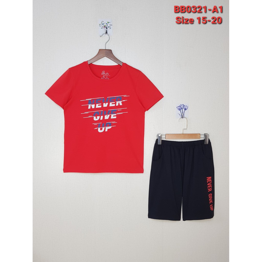 BB0321-A1 - Bộ bé trai cotton , cộc tay , in chữ NEVER GIVE UP , màu đỏ , size 15t-20t.