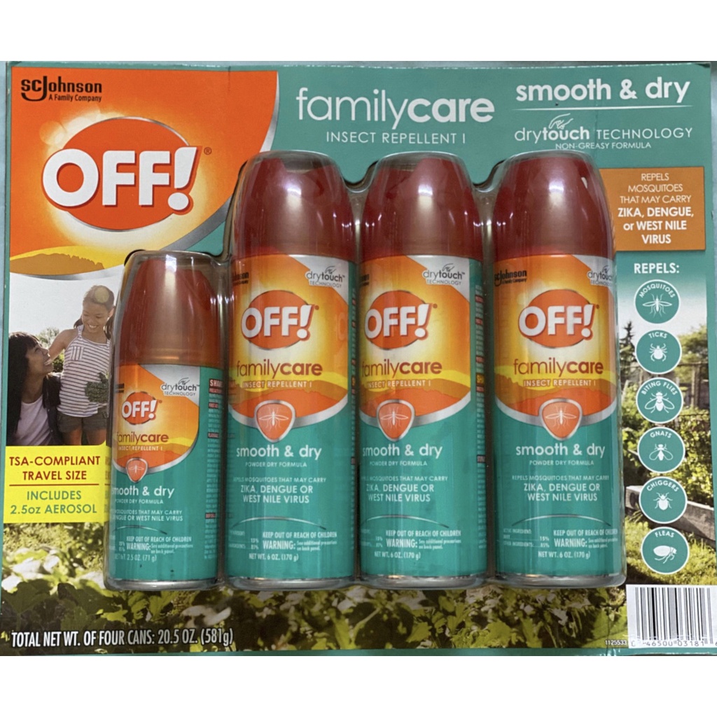 Xịt xua đuổi muỗi và côn trùng OFF! Family Care Smooth &amp; Dry Insect Repellent (Set 3 chai 170g + 1 chai 71g)