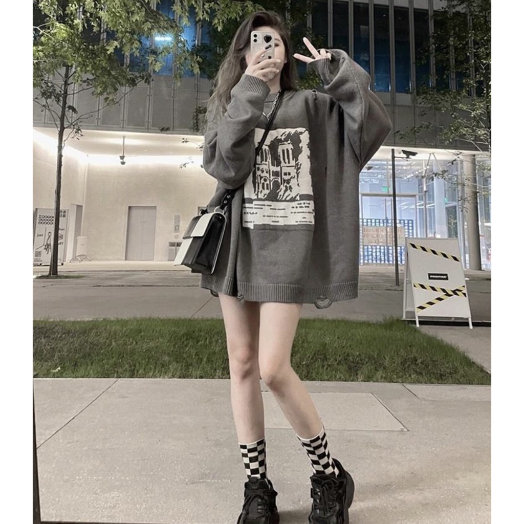Áo nỉ sweater unisex dài tay nam nữ in họa tiết,  màu xám đen SW3 | BigBuy360 - bigbuy360.vn
