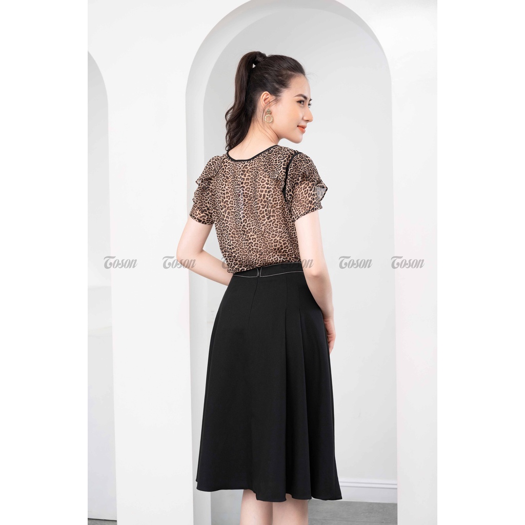 Áo chiffon da báo, cổ dây nơ nhỏ, tay cộc cách điệu bèo - TOSON - 11043H11