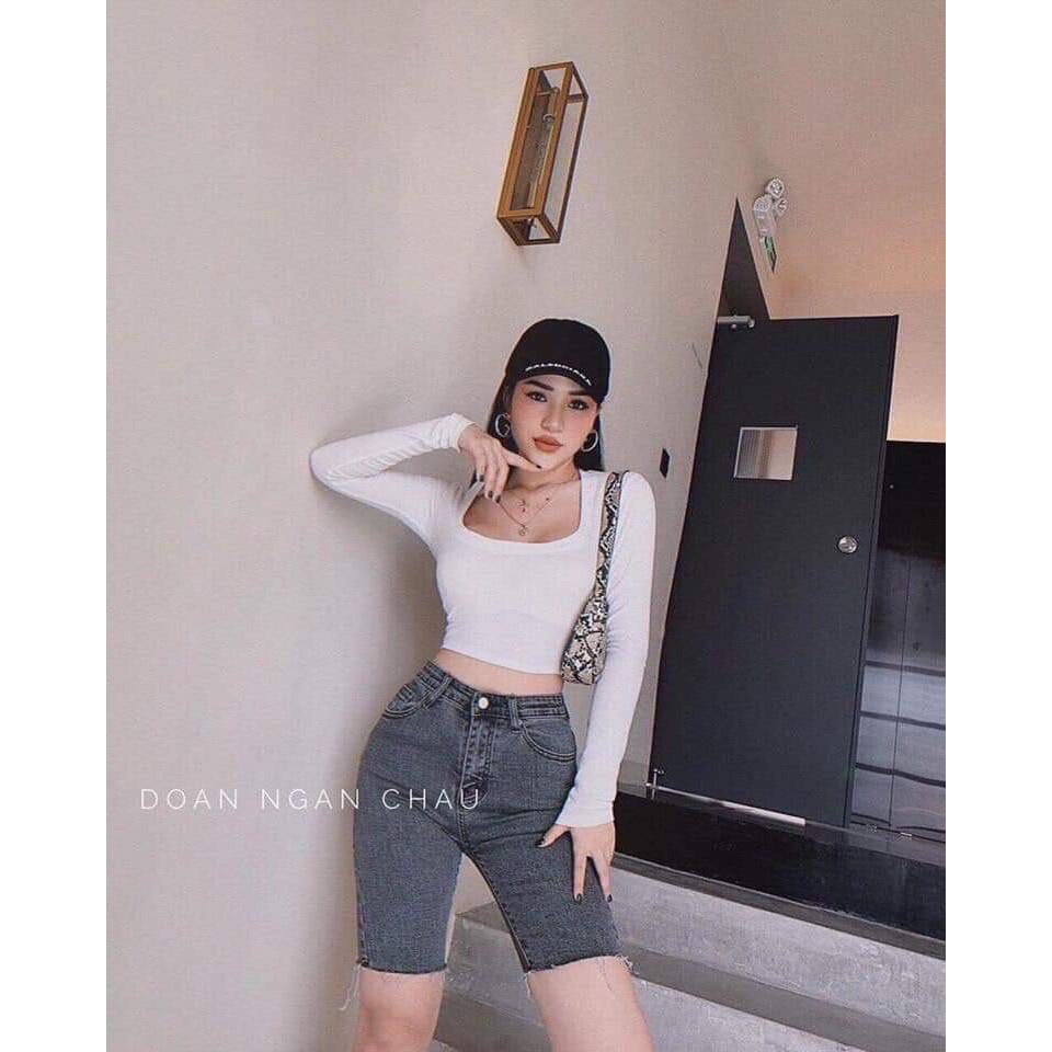 Áo kiểu tay dài croptop ôm dáng cổ vuông chất bozip đẹp