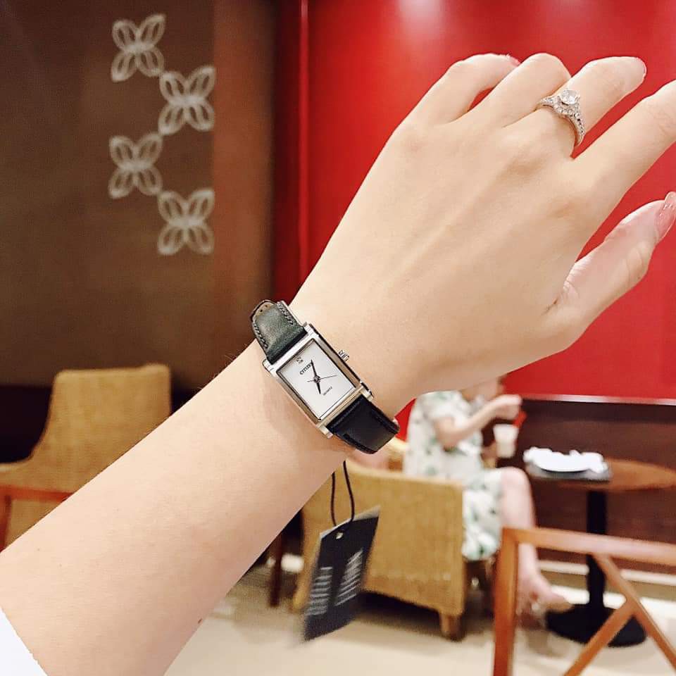 Đồng hồ nữ Citizen Women's Mother Of Pearl Quartz Black Leather Strap Watch #EJ6121