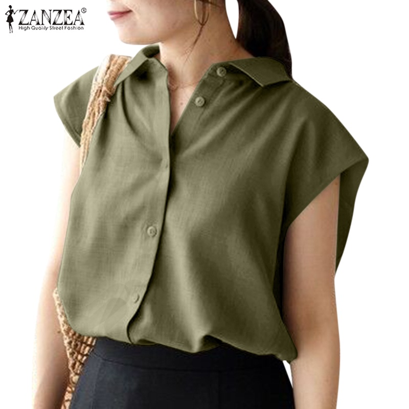 Zanzea Áo Sơ Mi Cổ V Cài Nút Tay Ngắn Thời Trang Cho Nữ