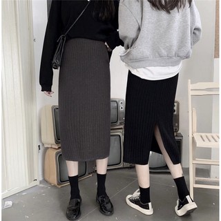 [Ảnh thật] Chân váy len ulzzang xẻ giữa