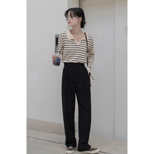 Porozi  Áo sweater  dệt kim dài tay kẻ sọc phong cách Hàn Quốc