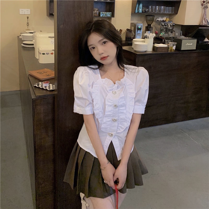 Áo Kiểu Tay Phồng Ngắn Cổ Vuông Thời Trang Mùa Hè Phong Cách Pháp Cho Nữ