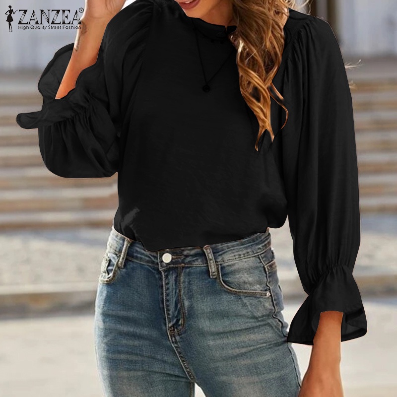 Áo ZANZEA tay dài cổ tròn dáng rộng co giãn sành điệu cho nữ