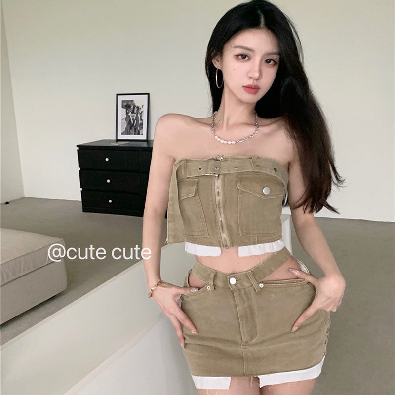 Bộ Áo Ống Và Chân Váy Denim Lưng Cao Thời Trang Mùa Hè Quyến Rũ Cho Nữ