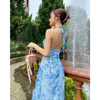 COLUS - Đầm Maxi tơ hoa xanh biển