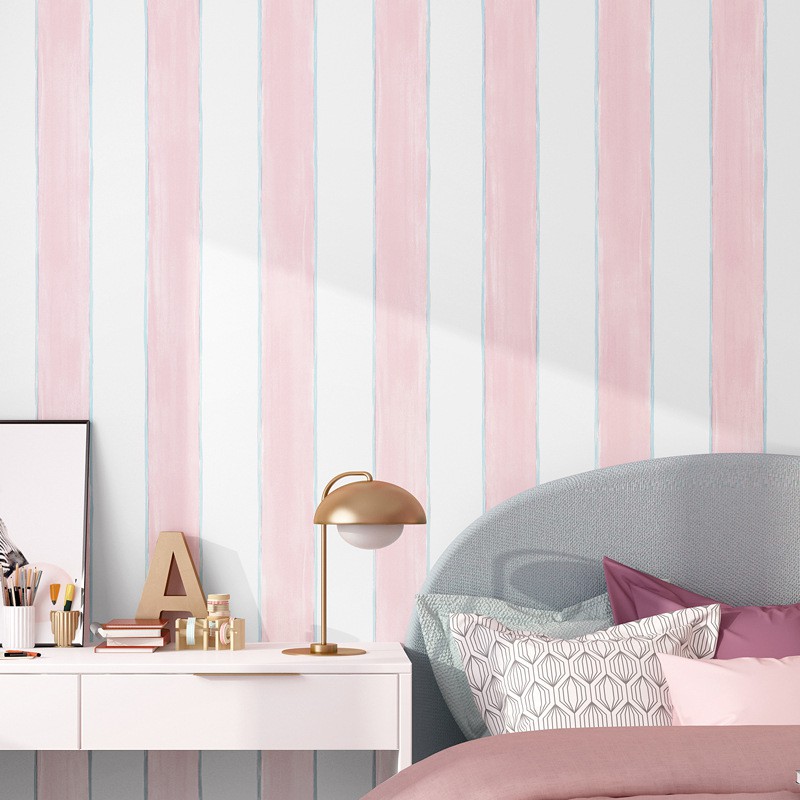 53cm * 9.5m wallpaper Non-self-adhesive non-woven Hình nền Không có chất kết dính Hình nền phòng ngủ trẻ em không dệt Phong cách Bắc Âu phòng trẻ em cô gái màu hồng công chúa phim hoạt hình dải dọc màu hồng hình nền