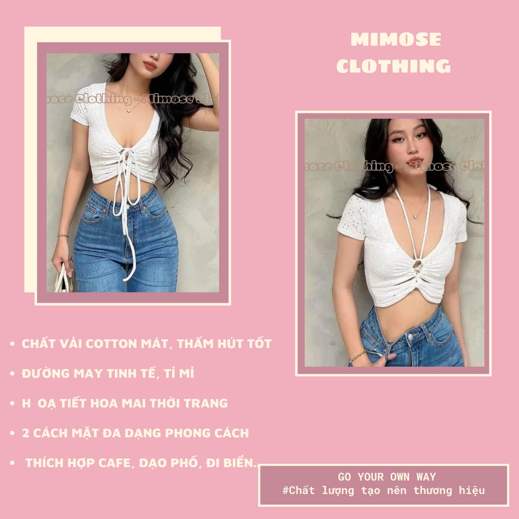 Áo croptop Mimoseclothing dây rút điệu đà sexy cho nàng mùa hè, áo croptop màu trắng tay ngắn thời trang nữ ôm body