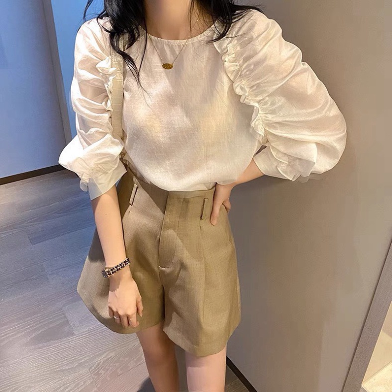 Set bộ tơ bèo nhún vai quần short be LT330 0322