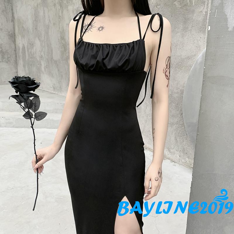 BAY-Women Solid Color Tight Dress, Square Neck Suspender High Side Split Ankle Long Dress, Women Clothing