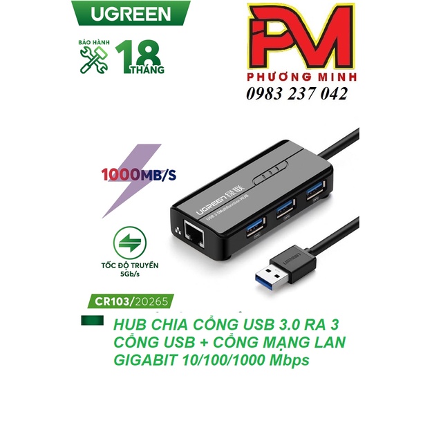 Hub USB ra 3 cổng USB 3.0 + cổng Mạng Gigabit 10/100 / 1000Mbps Ugreen 20265 cao cấp _Hàng chính hãng