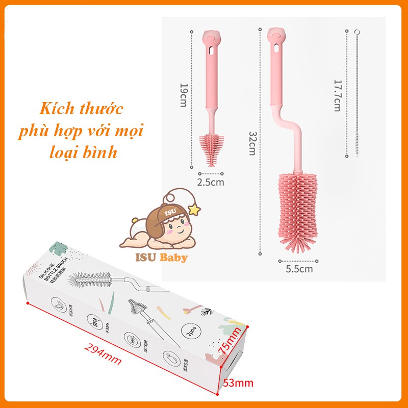 Set 3 dụng cụ cọ rửa vệ sinh bình sữa bằng silicon cao cấp, có thể tiệt trùng, dễ sử dụng Shop ISU Baby