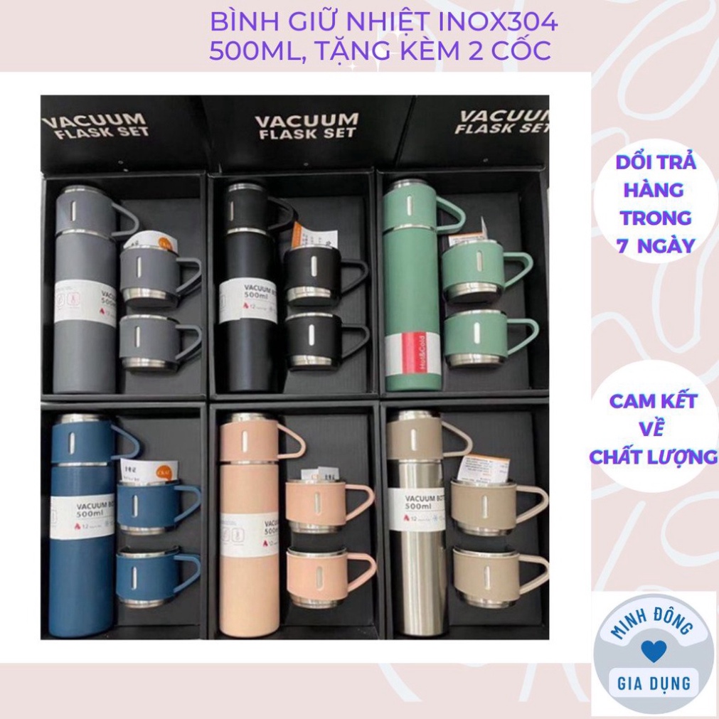 Bình nước giữ nhiệt vacuum flask set nóng lạnh lõi inox 304 tặng kèm 2 cốc có tay cầm tiện lợi dung tích 500ml