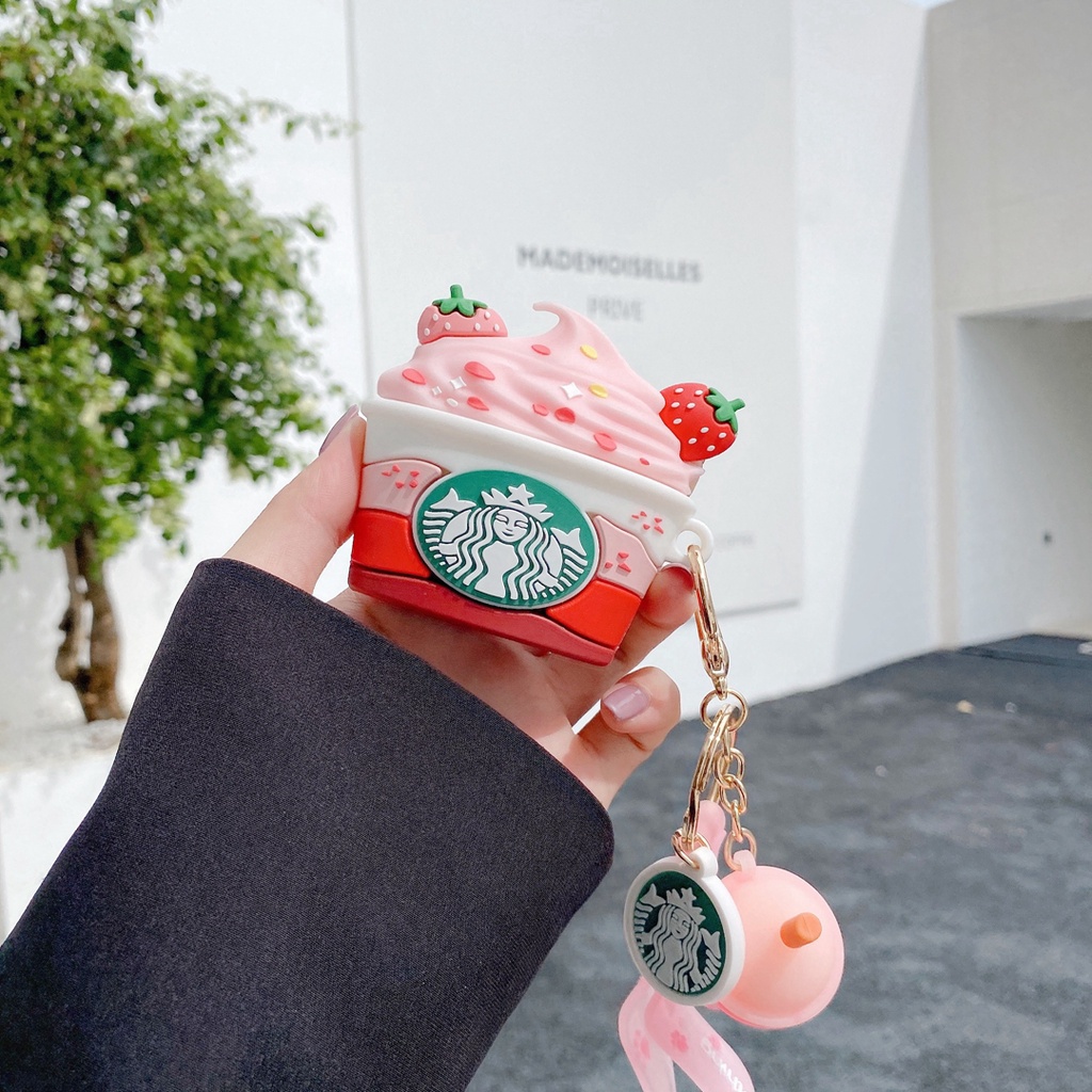 Vỏ Bảo Vệ Hộp Sạc Tai Nghe Airpods 1 2 3 Pro bluetooth Không Dây Bằng Silicon Hình Ly Kem Dâu starbucks