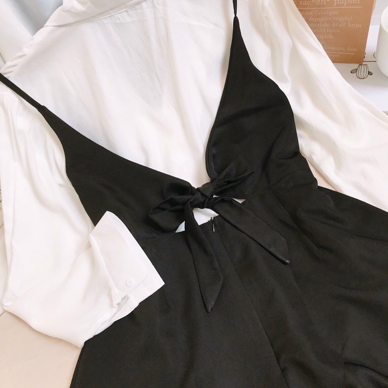 SET áo sơ mi cổ vest + đầm yếm cột nơ lưng - 22.Lystore