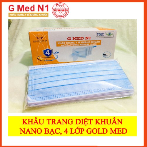 Hộp 50 cái khẩu trang y tế Nano Bạc, 4 lớp GOLD MED - Chuẩn y tế loại tốt, Hàng Công ty màu XANH / hộp 50 cái