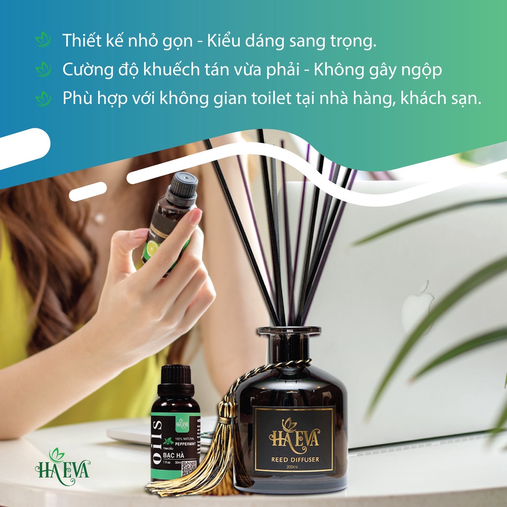 Bình khuếch tán tinh dầu Haeva 200ml, Chất liệu thuỷ tinh cao cấp, khuyếch tán tinh dầu bằng Que sợi tổng hợp siêu bền