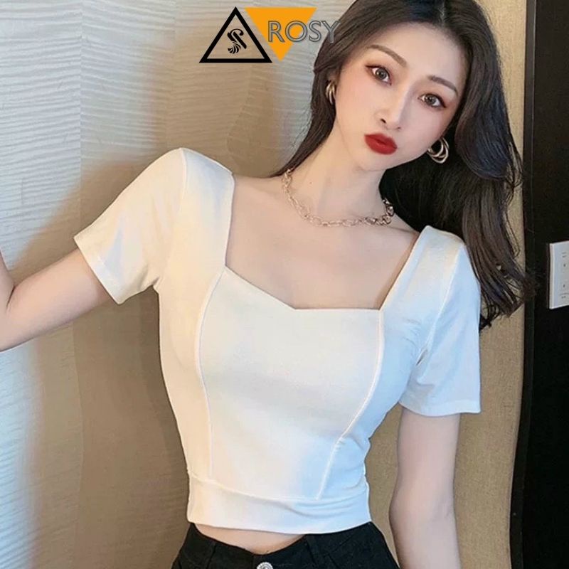 Áo nữ cổ tim tay ngắn chất borip gân co giãn siêu đáng yêu cho nữ