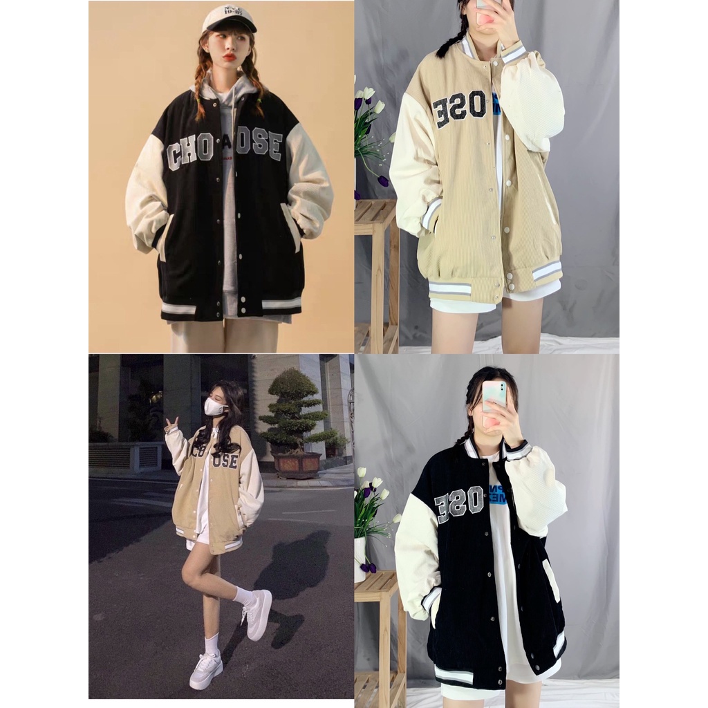 Áo Khoác Nhung Tăm Thêu Chữ CHOOSE 2 lớp ❤ Áo BomBer Bóng Chày Nam Nữ Phong Cách Hàn Quốc