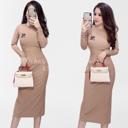 Đầm body nữ Shynstores - váy body len tăm dài tay thêu chữ dàng dài form ôm chất đẹp freeship