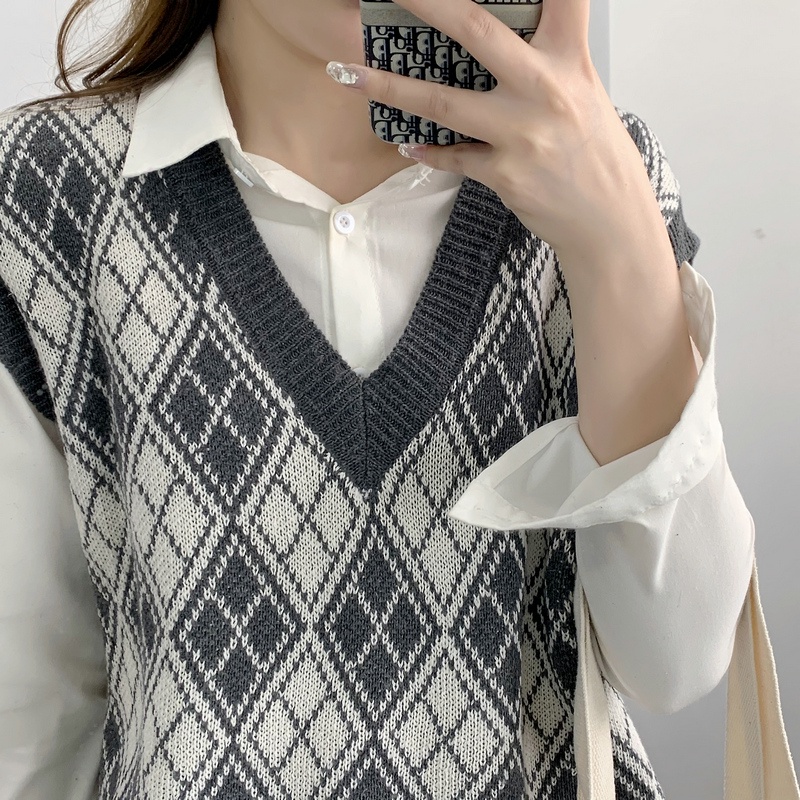 SUXI Áo Len Nữ Không Tay Cổ Chữ V Form Rộng Theo Phong Cách Vintage Đơn Giản