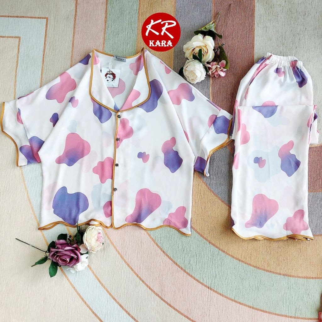 (Cam kết loại 1) Đồ ngủ Pyjama lụa mango họa tiết cánh dơi  KS02- Free size dưới 65kg, Lụa mango thoáng mát- KARA 02