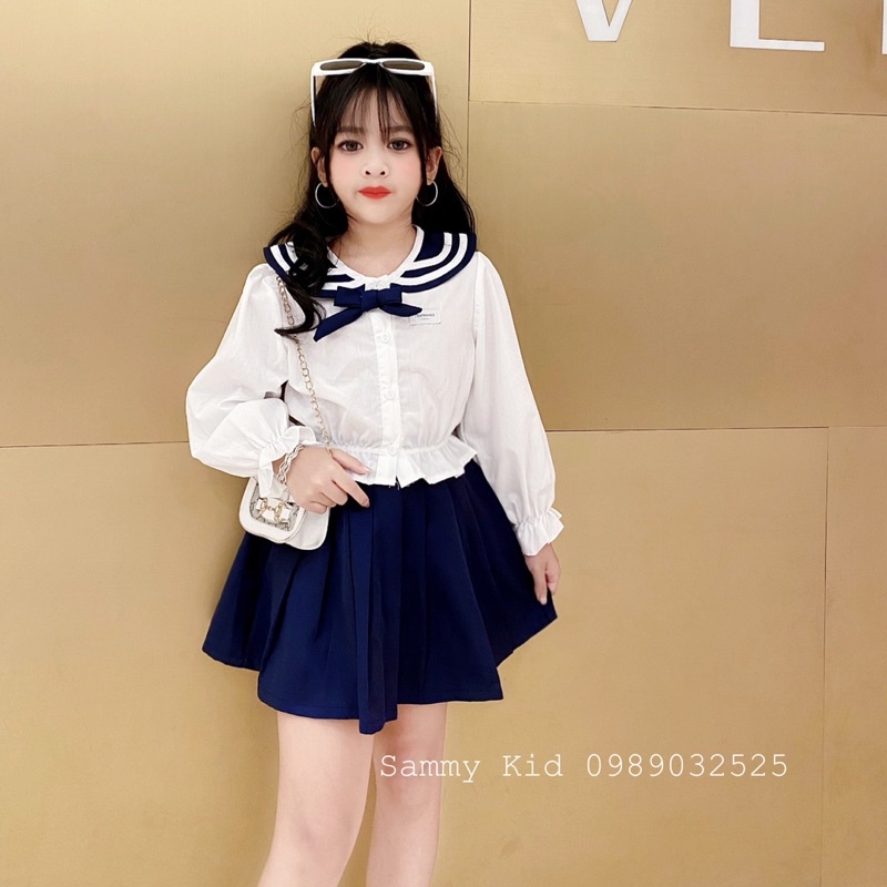 Set áo Sơmi Nữ sinh cổ Nơ Quần váy xoè đi học cho bé gái size đại 16-41kg siêu xinh dễ thương