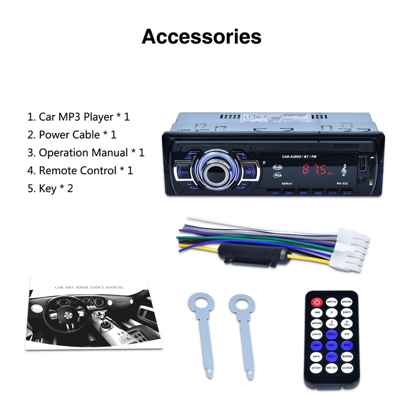 RK522 Đài phát thanh xe hơi Bluetooth kỹ thuật số Máy nghe nhạc MP3 USB / SD / AUX-IN / EQ / FM Radio loa bluetooth