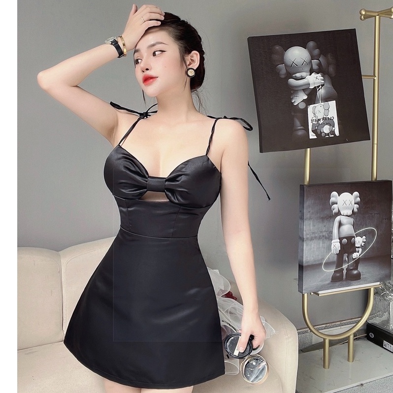 Đầm 2 Dây Bo Eo Thắt Nơ Vai Ngực Nơ, Váy Dự Tiệc Ngắn - Vải Tầm Xước Ép Keo - 2 Màu Đen, Trắng - ẢNH THẬT