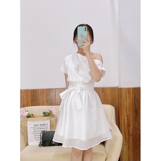 [HÌNH THẬT- SHOP CHỤP] Đầm lệch vai cột eo