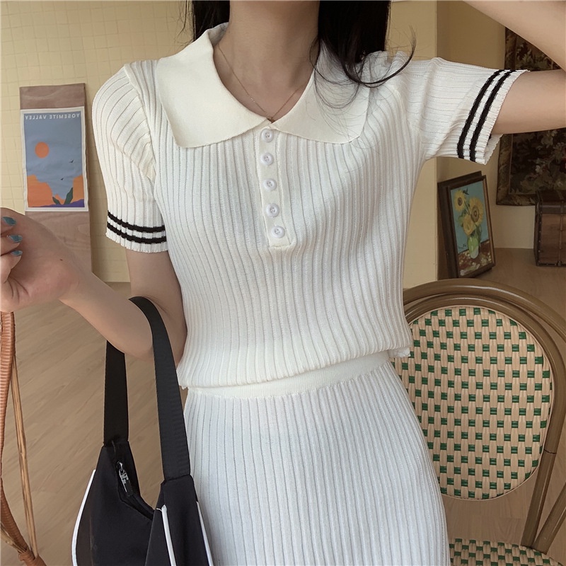 MS536 Set áo polo kèm chân váy len tăm