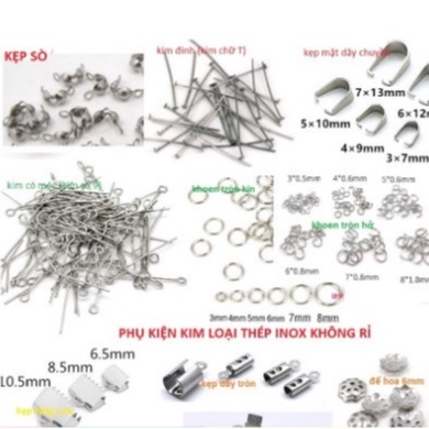 10 cái phụ kiện làm vòng tay,vòng cổ handmade thép Inox KHÔNG RỈ, móc càng cua, khoen tròn, kim xỏ, ốp hoa, kẹp đầu dây