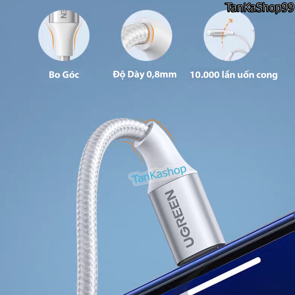 Cáp Sạc Ugreen Usb C to Lightning  25cm, Sạc Nhanh iPhone, Bện Dù Siêu Bền Thích Hợp Dùng Với Pin Dự Phòng