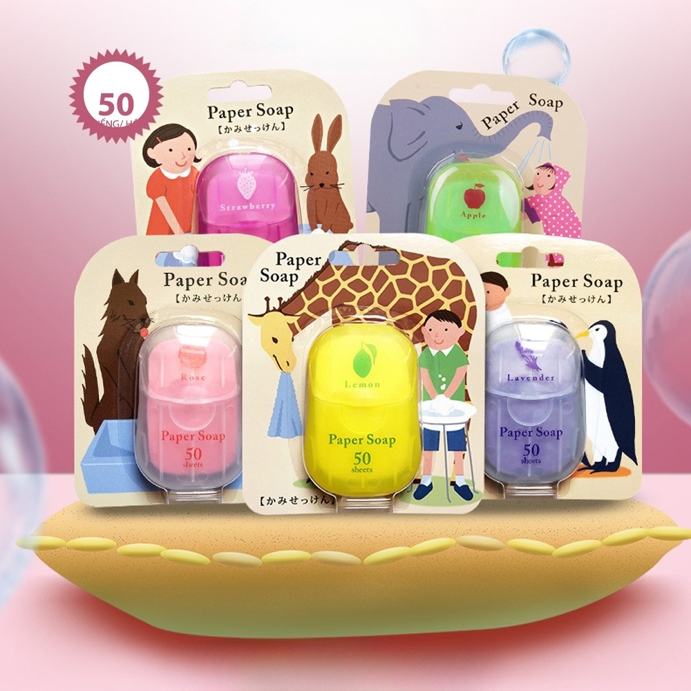 Xà Phòng Giấy Nhật Bản - Hộp 50 Miếng - Rửa Tay, Bỏ Túi Mang Đi Du Lịch, Công Tác, Dã Ngoại